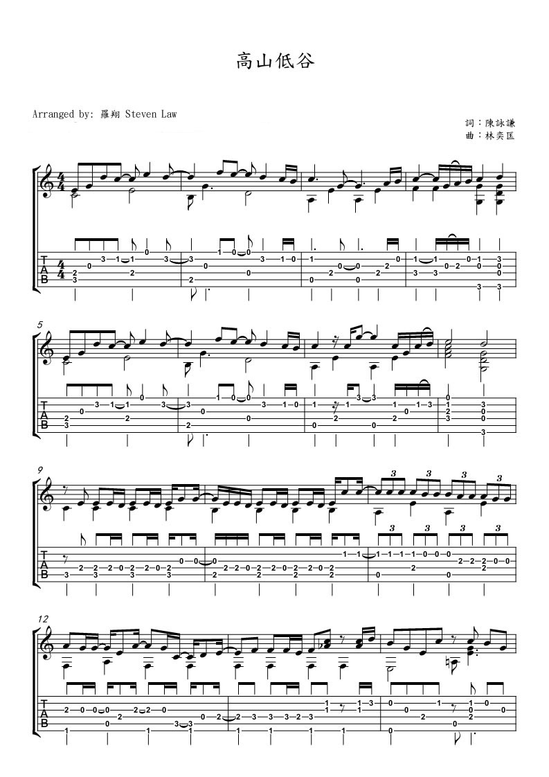高山低谷指弹吉他谱预览图