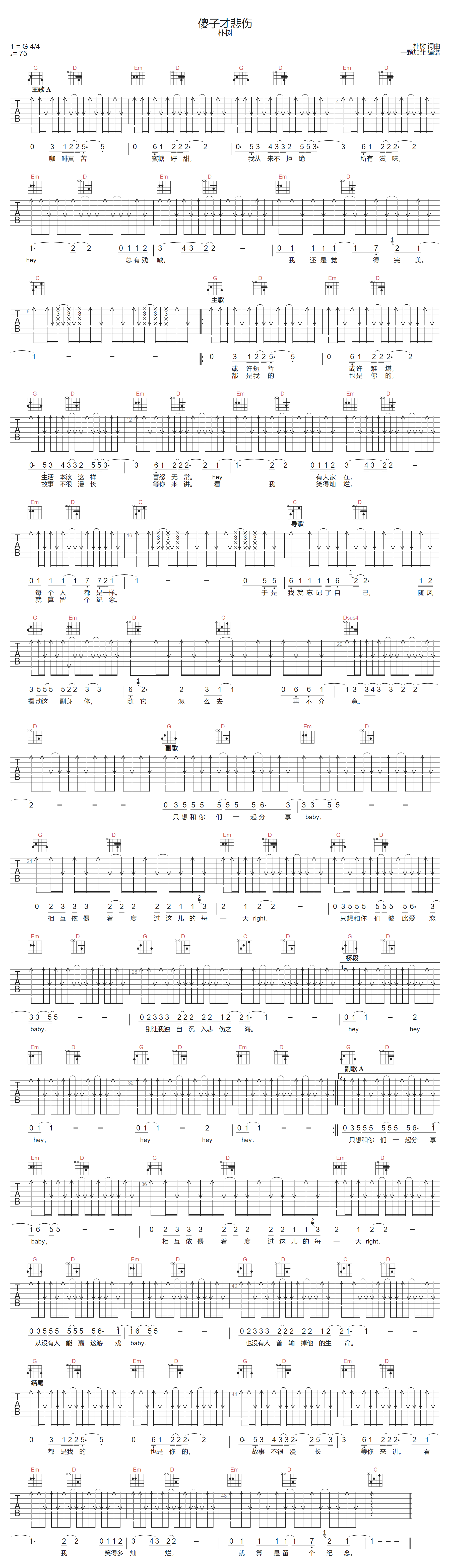 傻子才悲伤吉他谱预览图