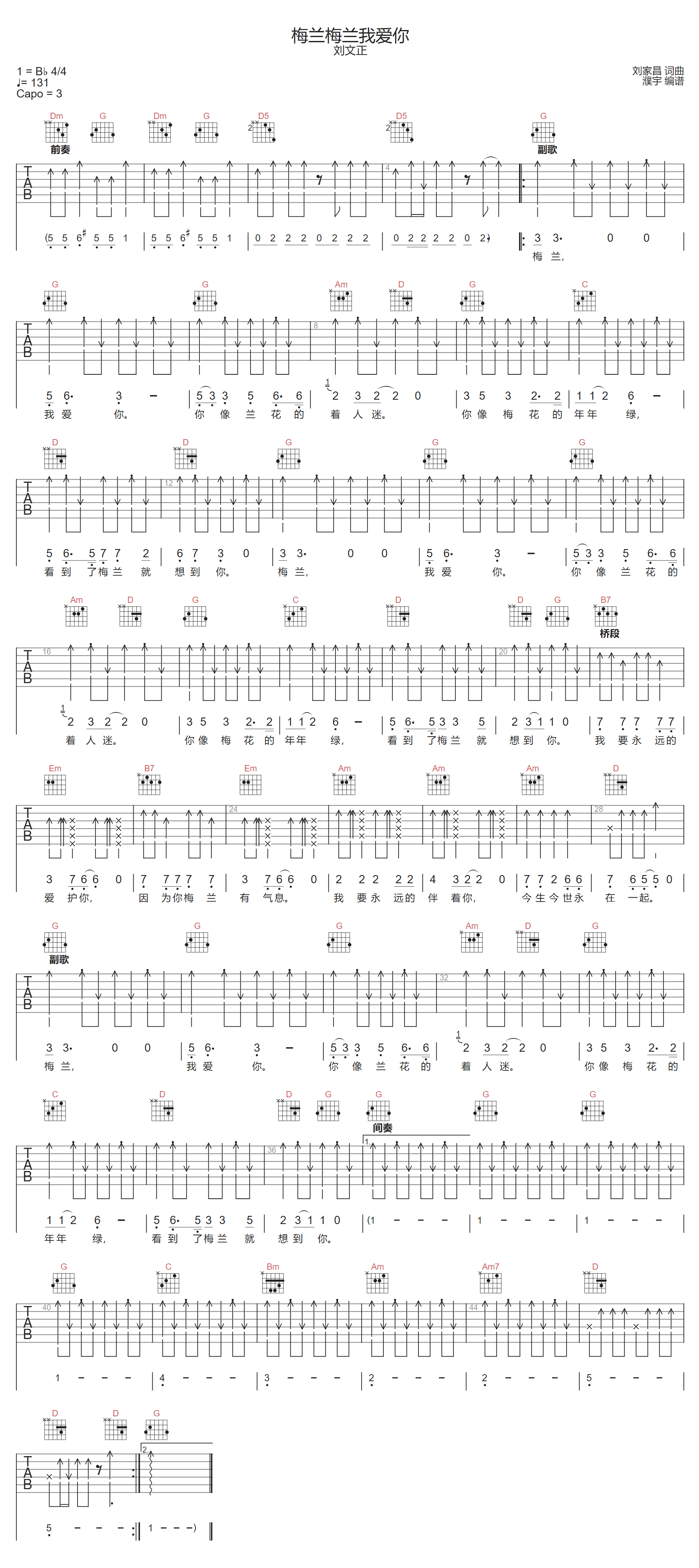 梅兰梅兰我爱你吉他谱预览图