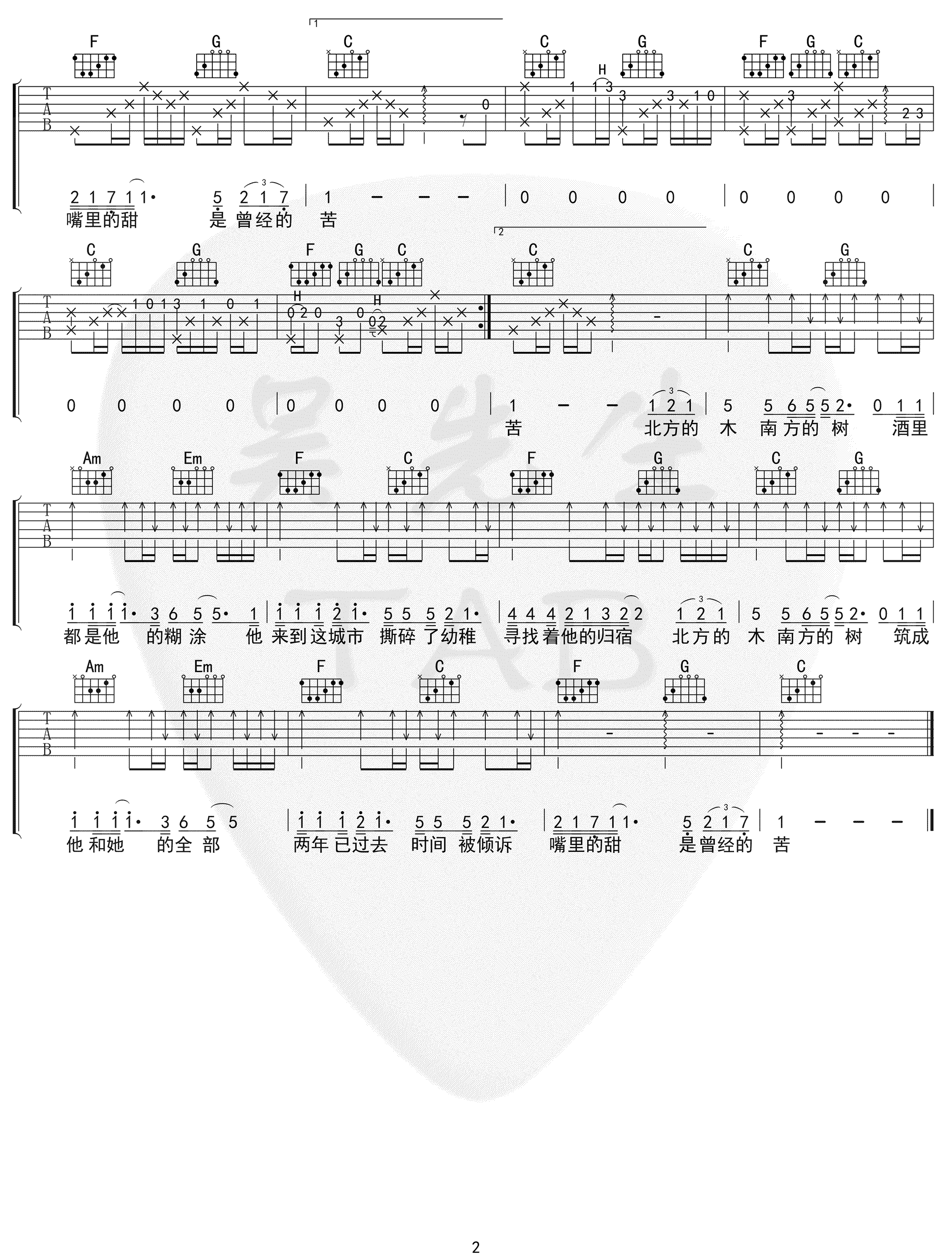 北木南吉他谱预览图