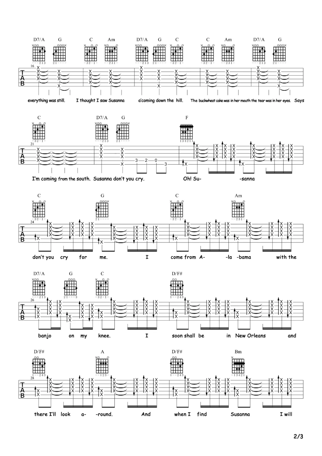 哦苏珊娜吉他谱预览图