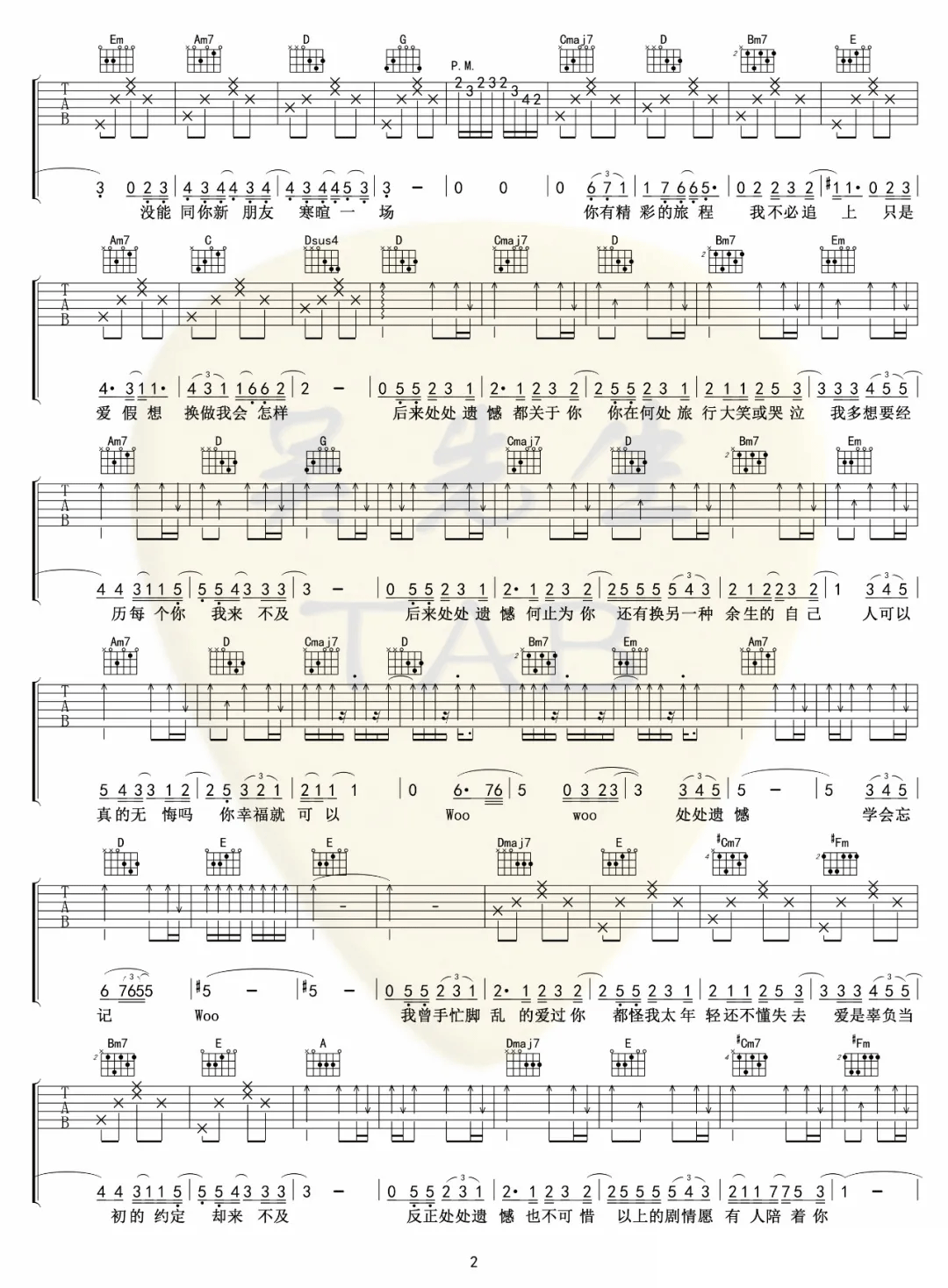 处处遗憾吉他谱预览图