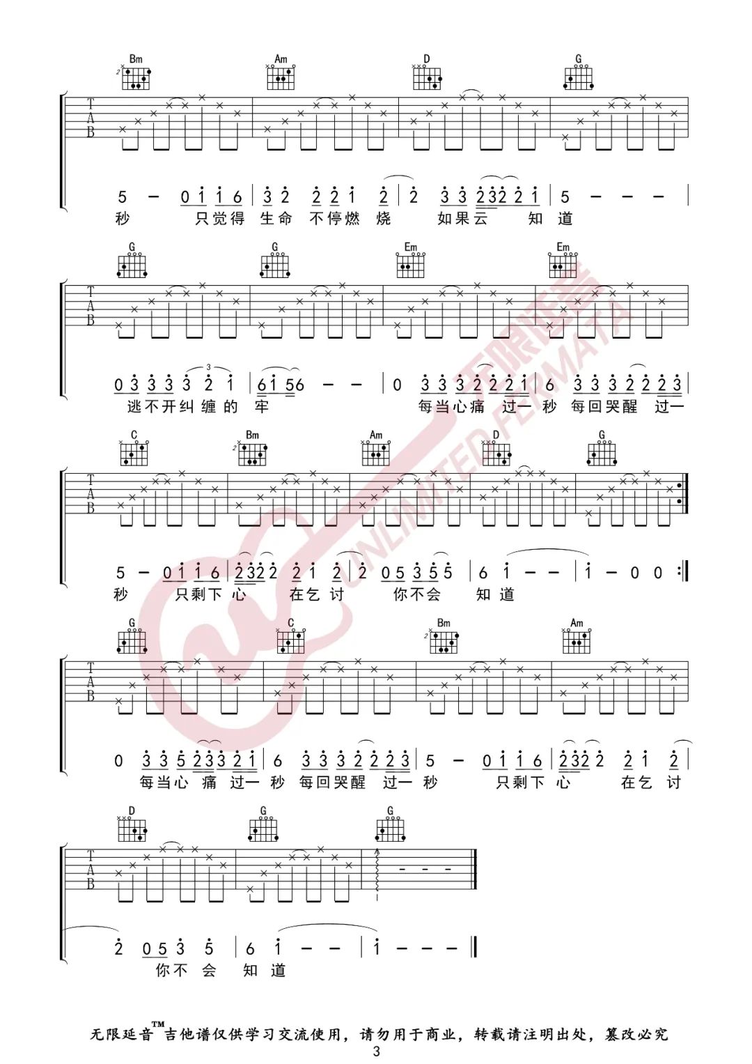 如果云知道吉他谱预览图