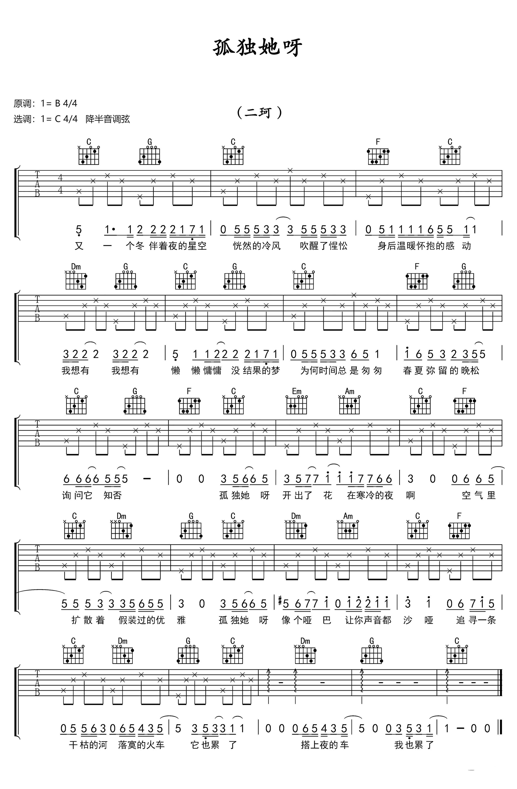 孤独她呀吉他谱预览图