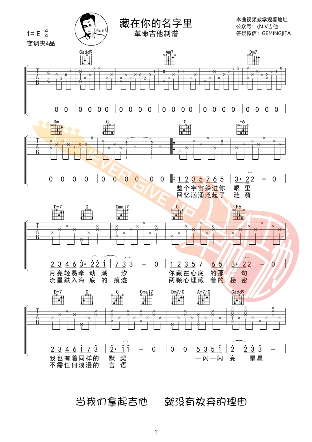 藏在你的名字里吉他谱预览图