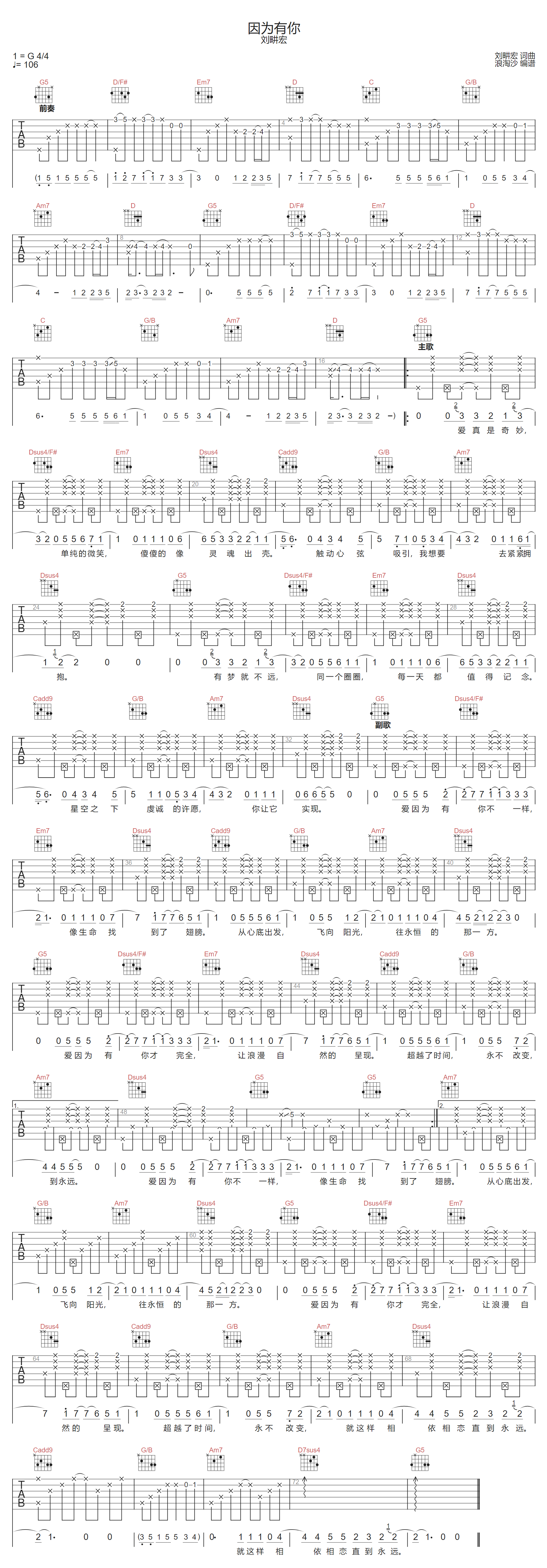 因为有你吉他谱预览图