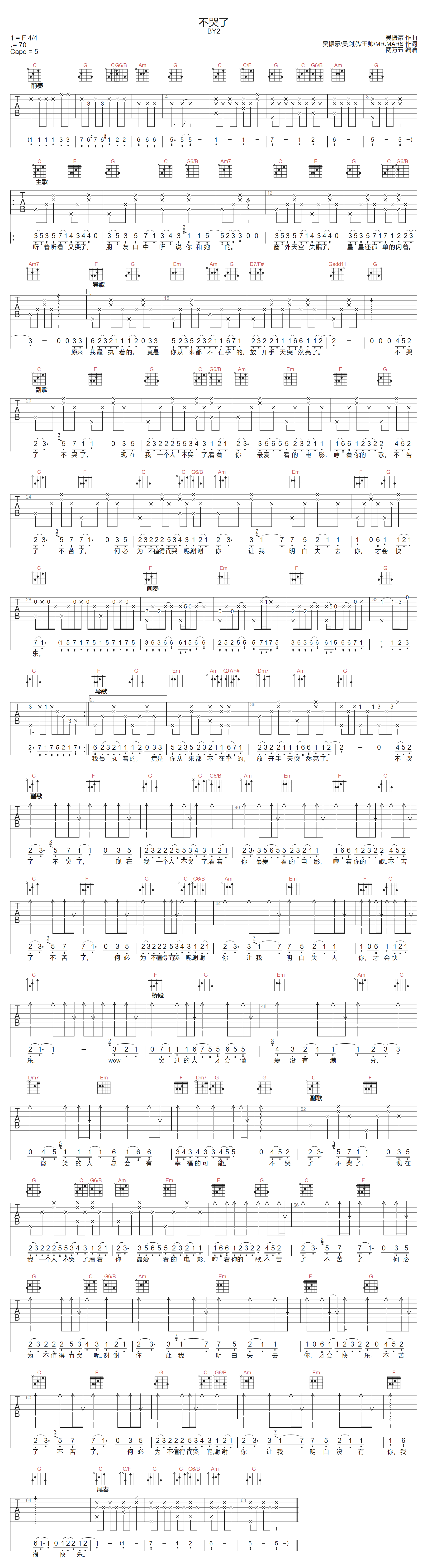 不哭了吉他谱预览图