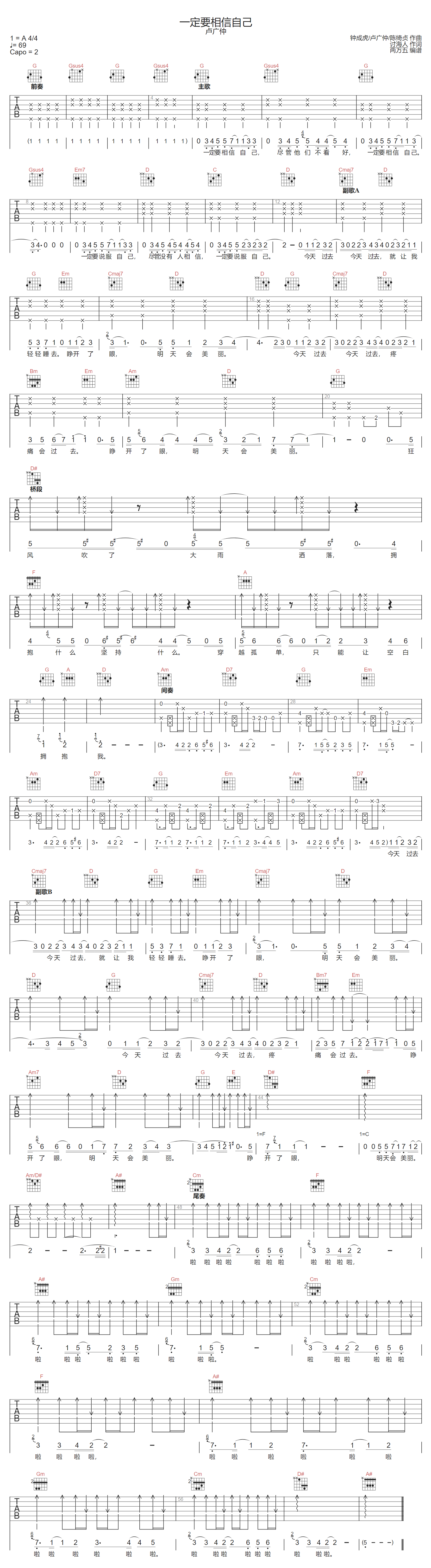一定要相信自己吉他谱预览图