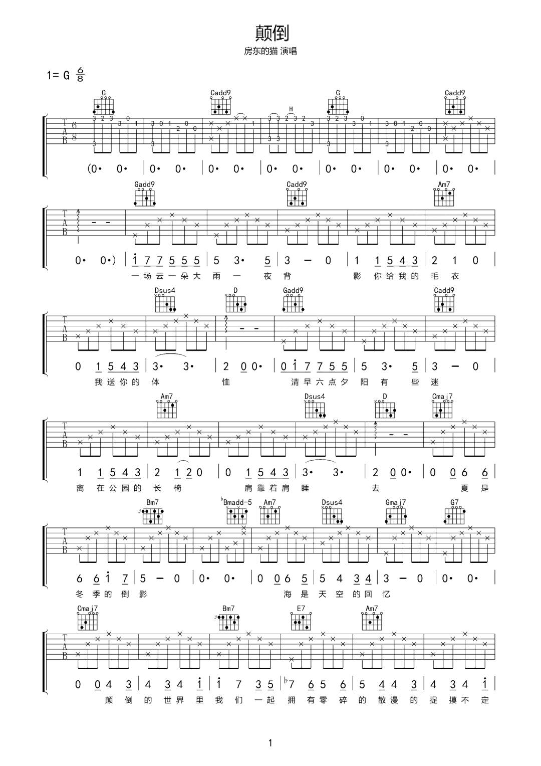 颠倒吉他谱预览图