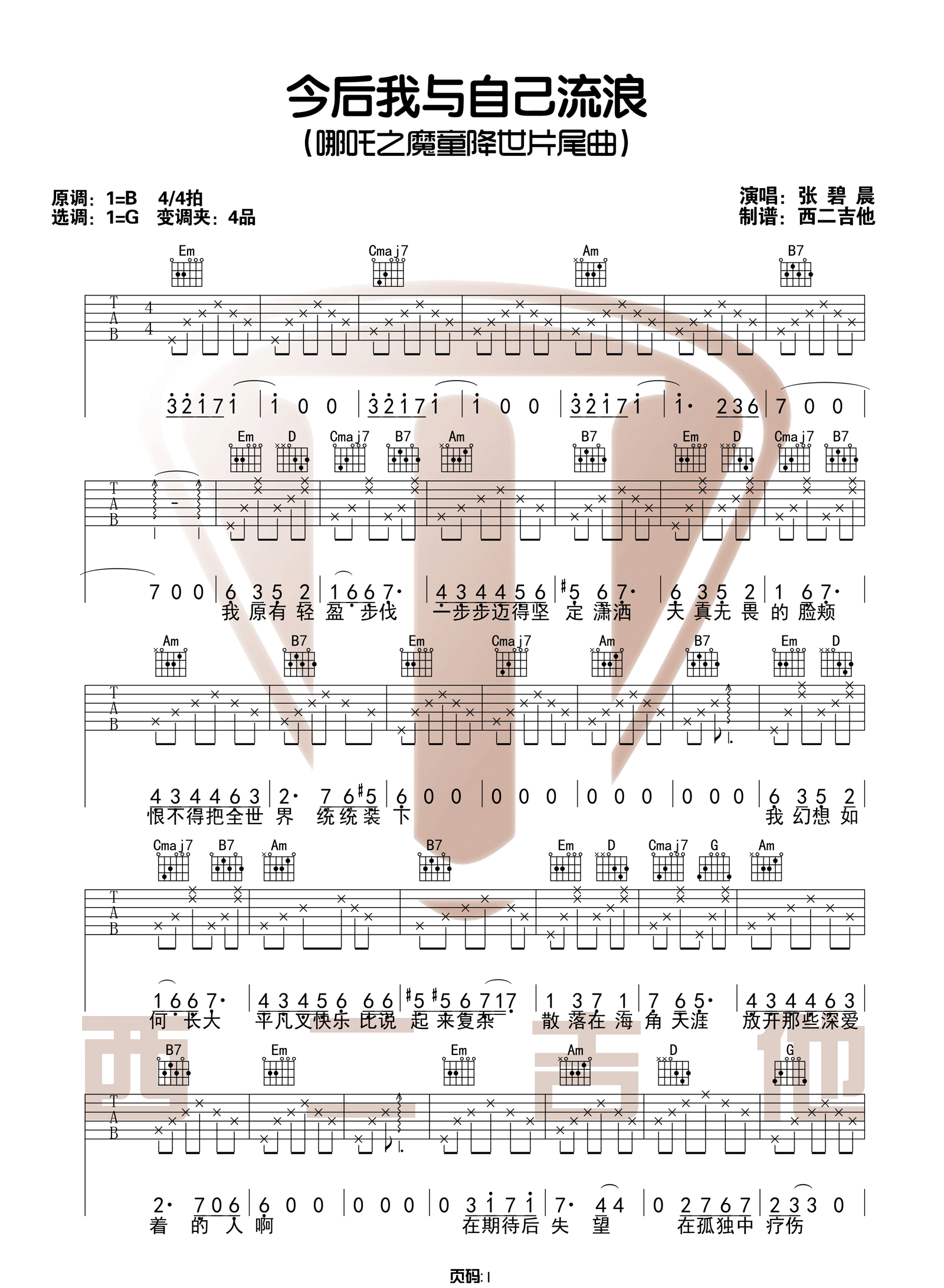 今后我与自己流浪吉他谱预览图