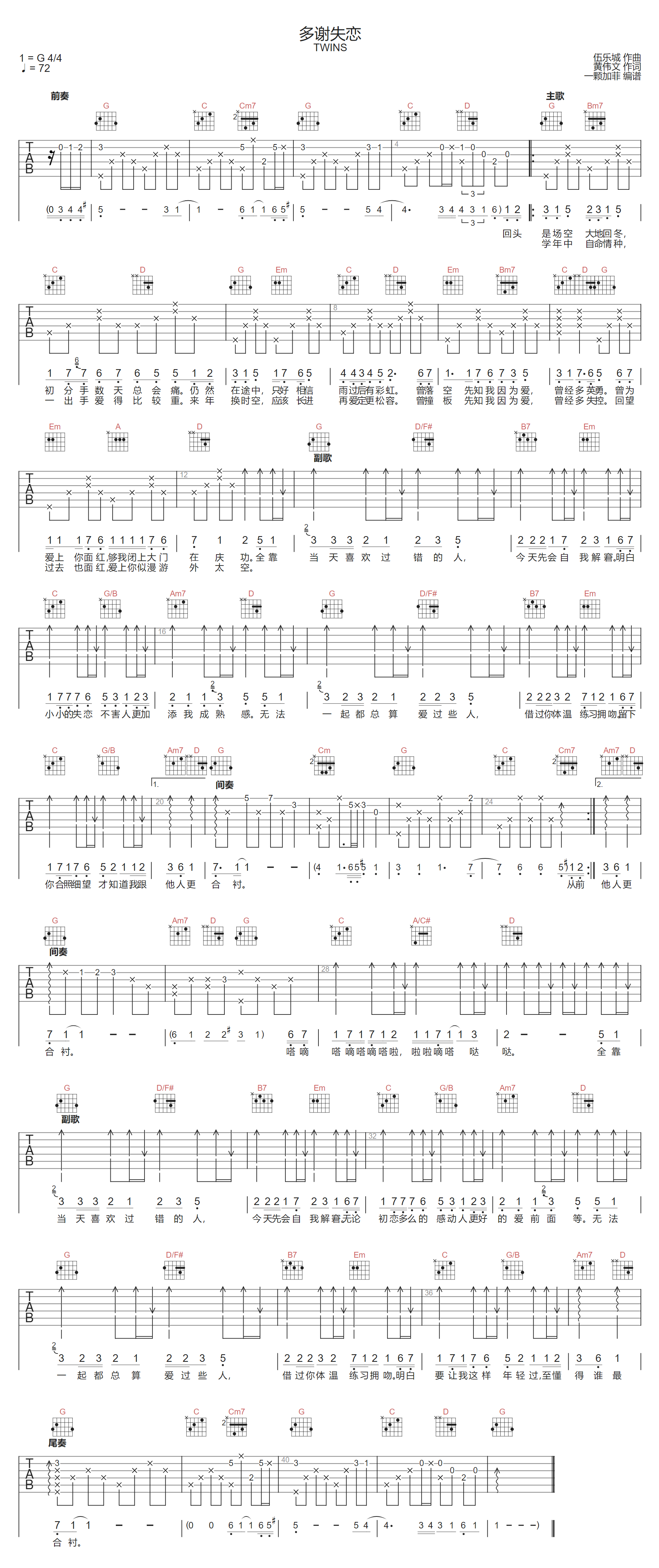 多谢失恋吉他谱预览图