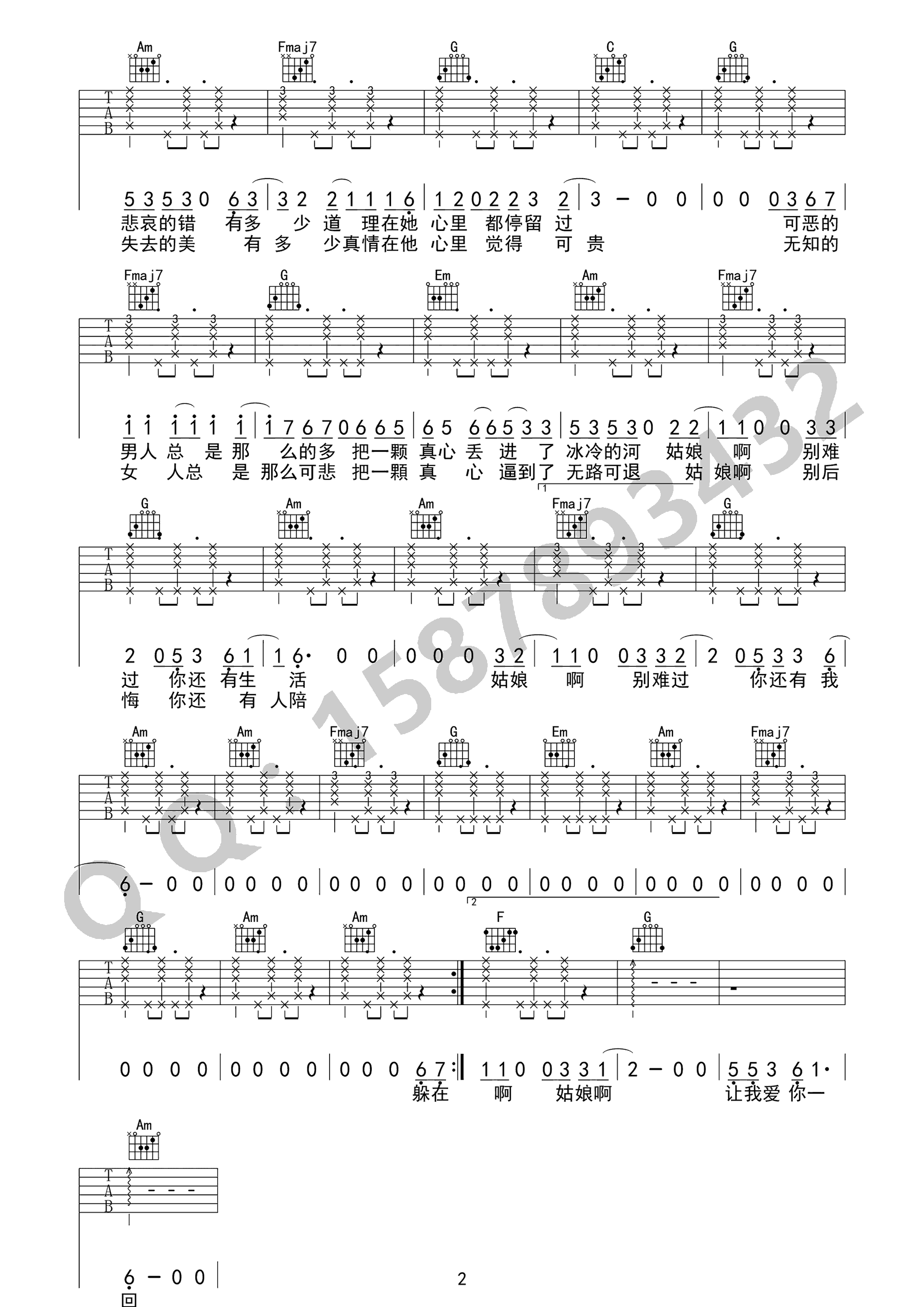 姑娘啊吉他谱预览图