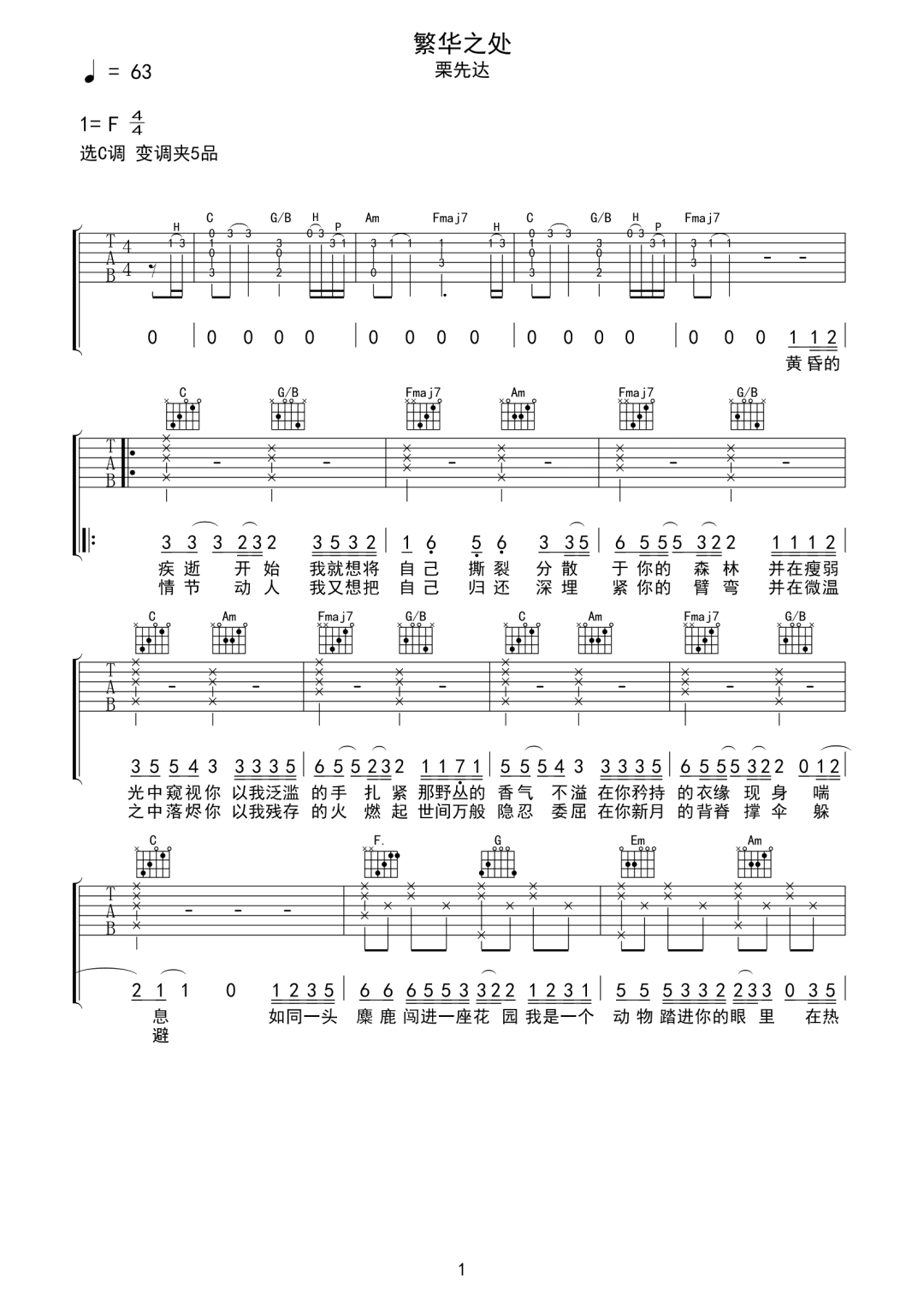 繁华之处吉他谱预览图