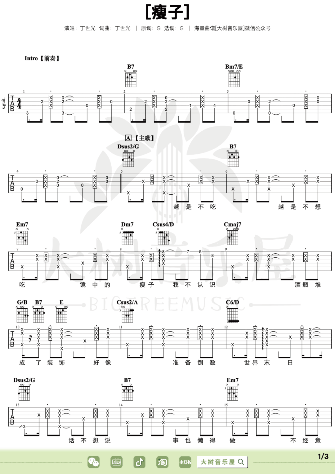 瘦子吉他谱预览图