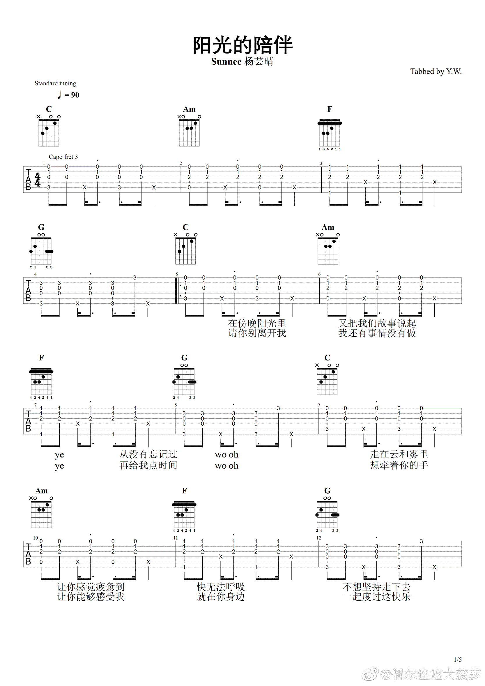 阳光的陪伴吉他谱预览图