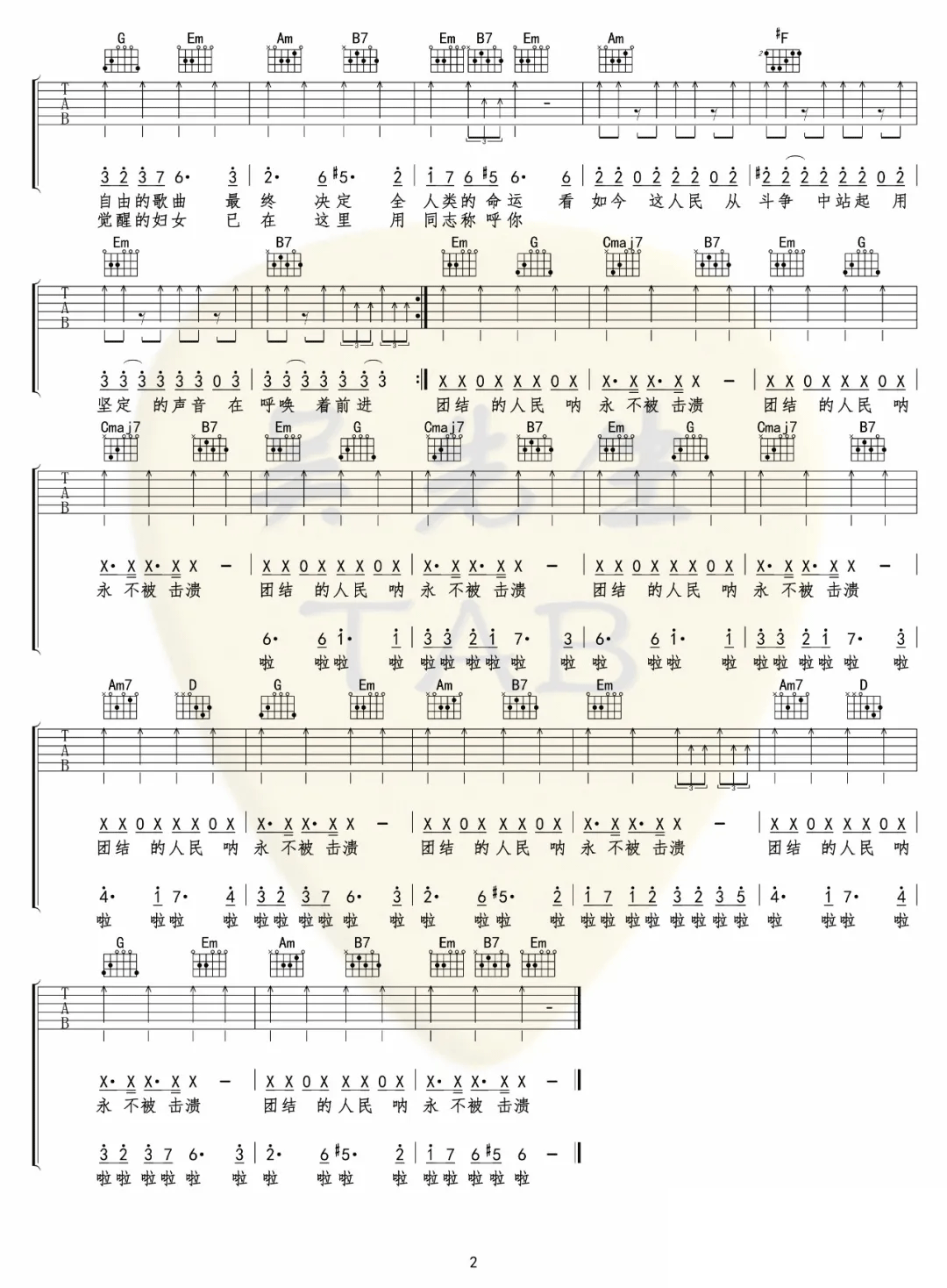 团结的人民永不被击溃吉他谱预览图