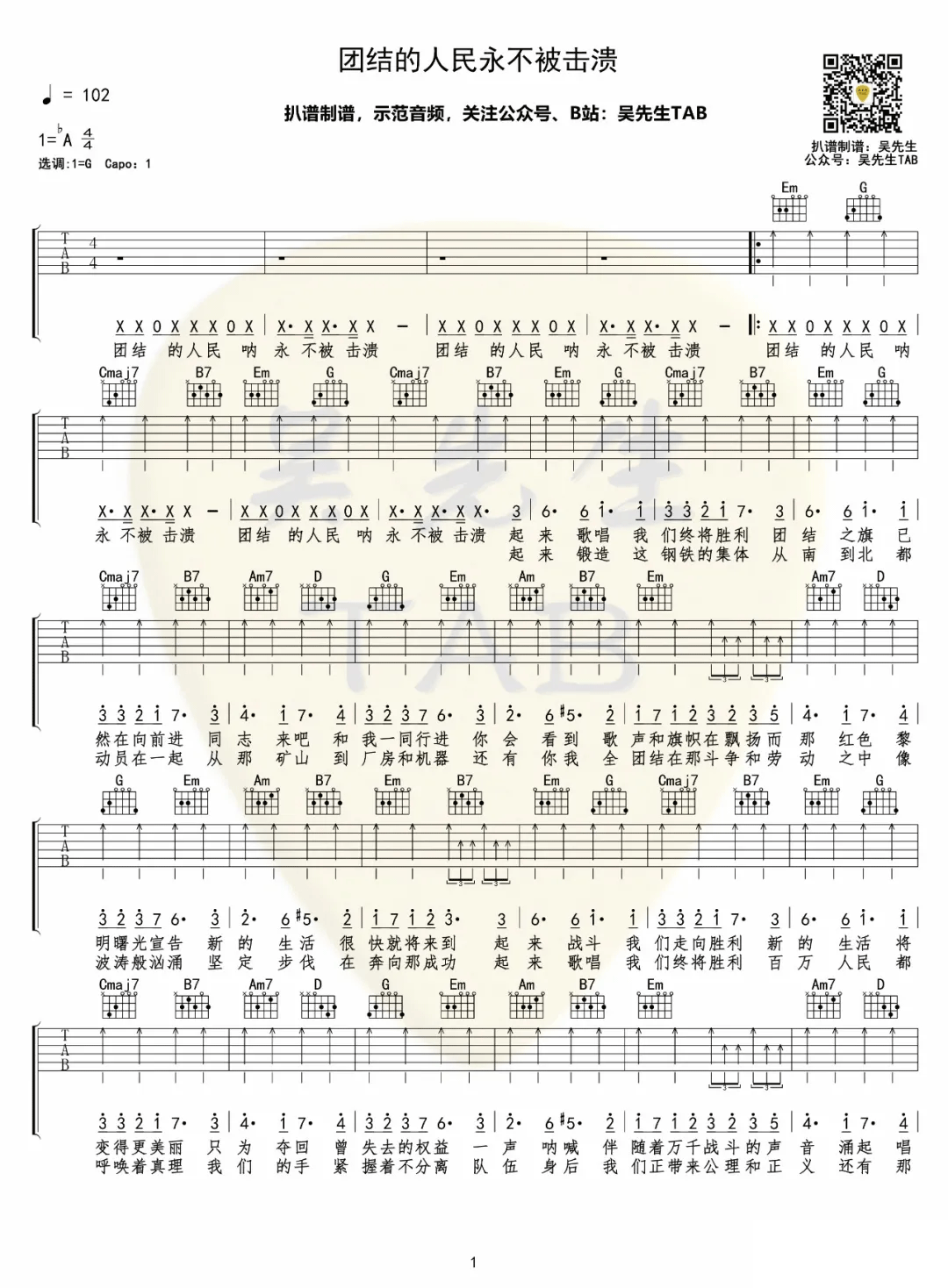 团结的人民永不被击溃吉他谱预览图