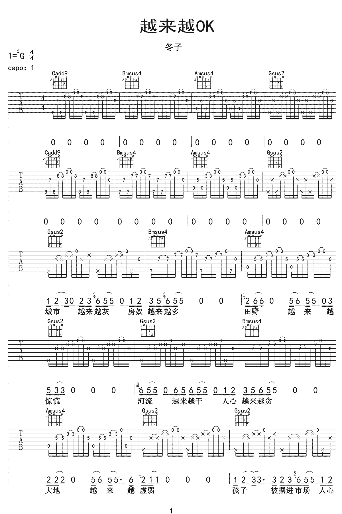 越来越OK吉他谱预览图