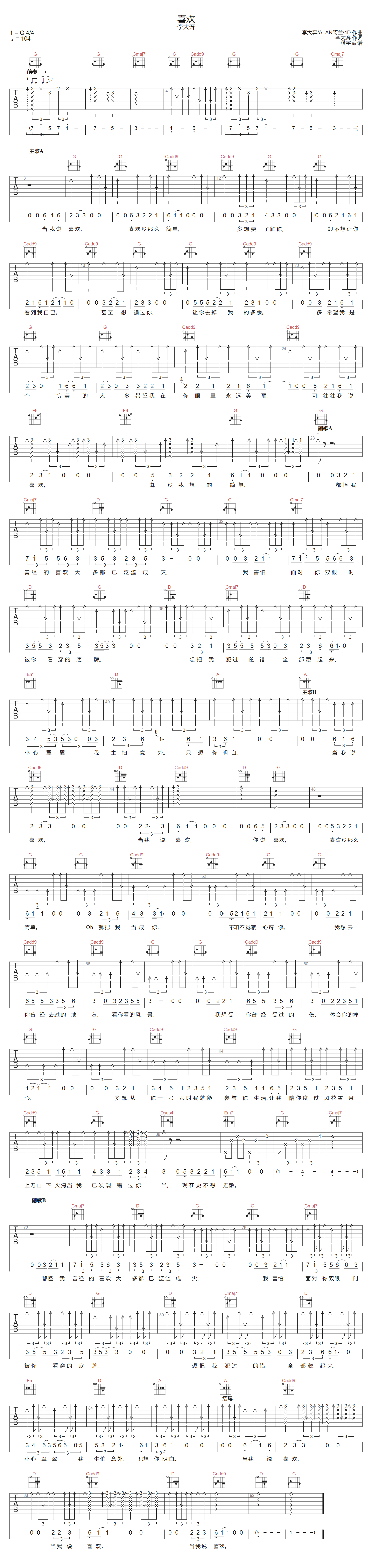 喜欢吉他谱预览图