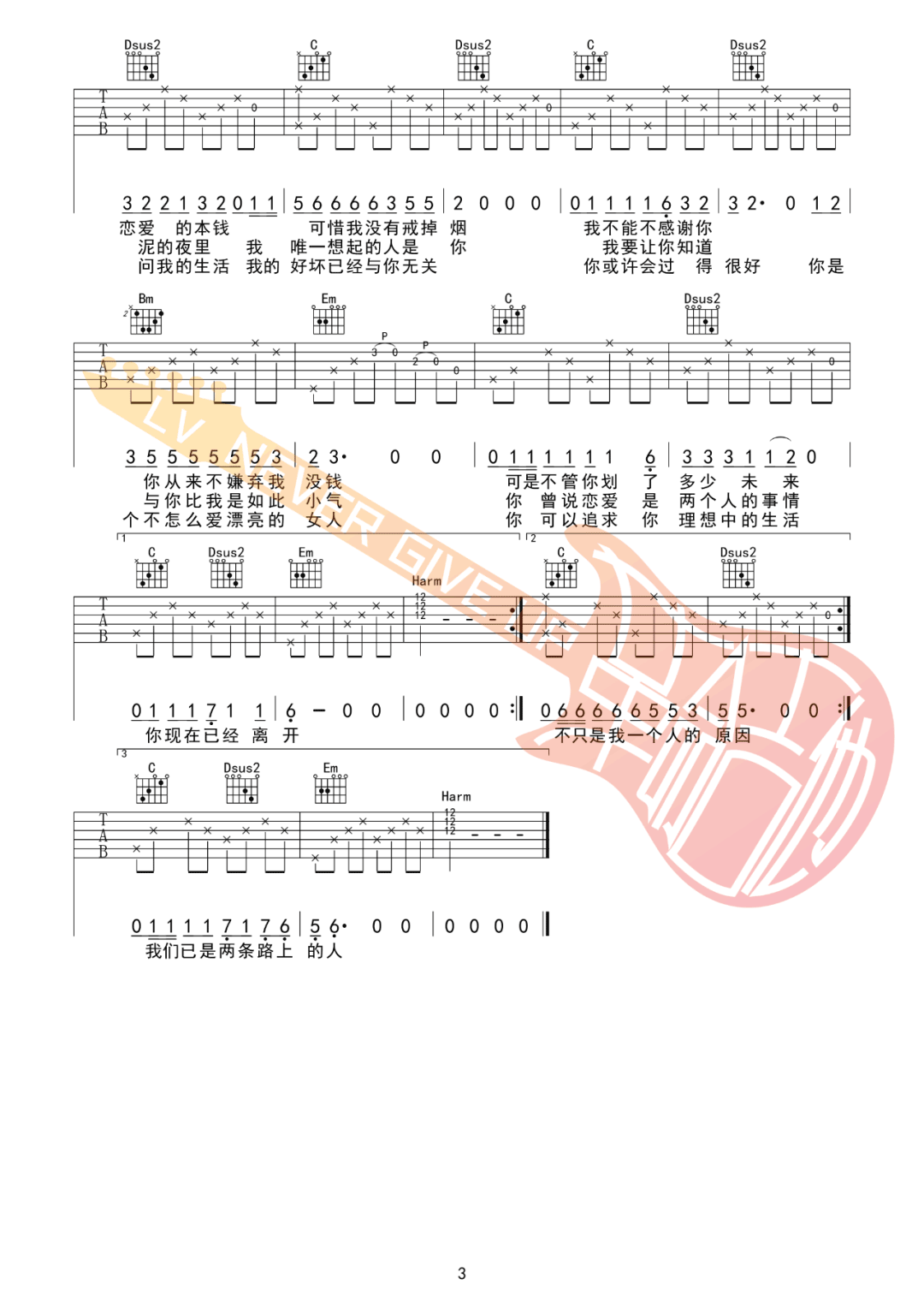 已是两条路上的人吉他谱预览图