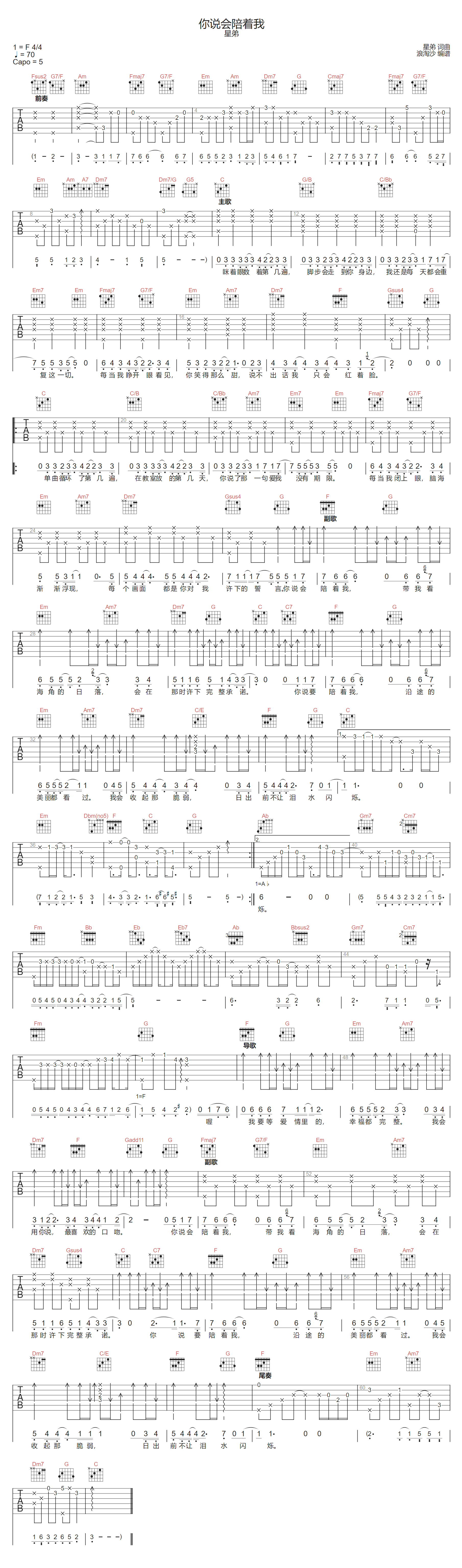 你说会陪着我吉他谱预览图
