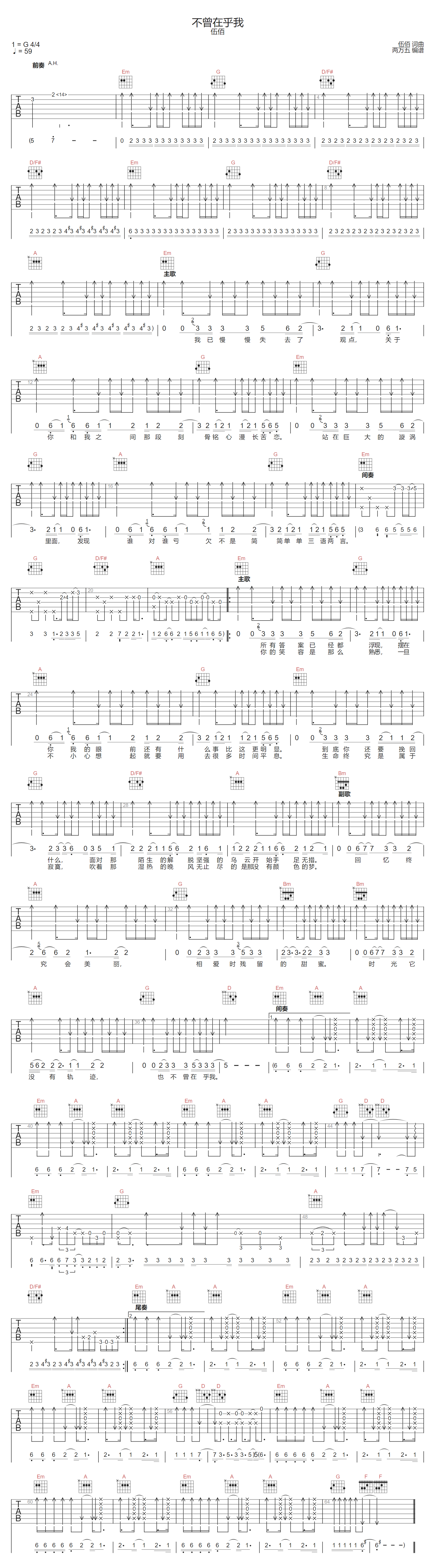 不曾在乎我吉他谱预览图