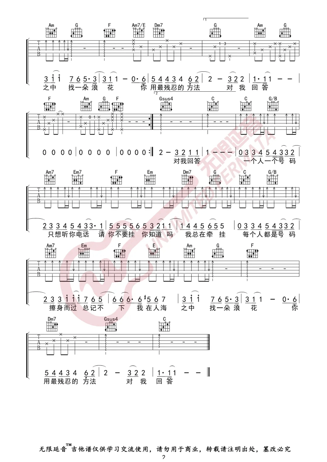 号码吉他谱预览图