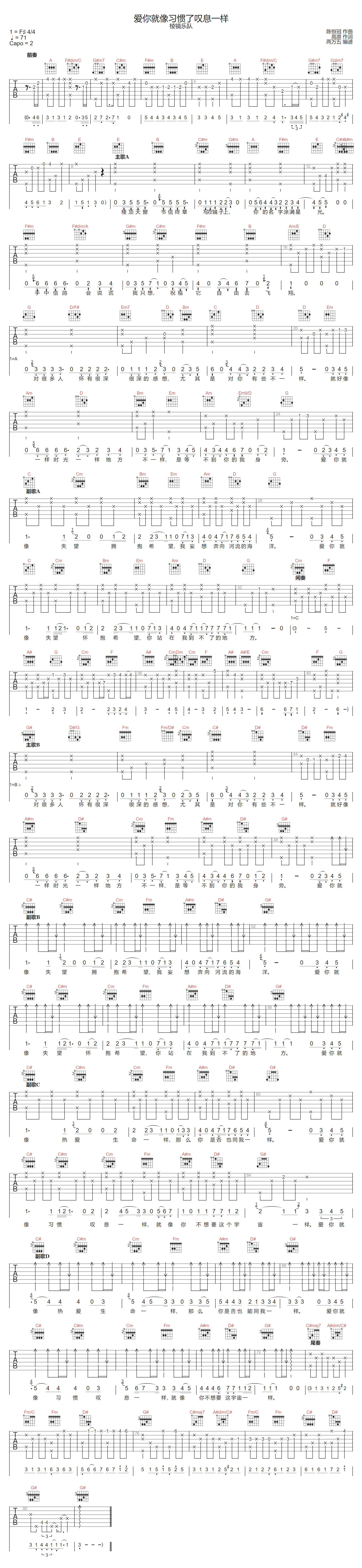 爱你就像习惯了叹息一样吉他谱预览图