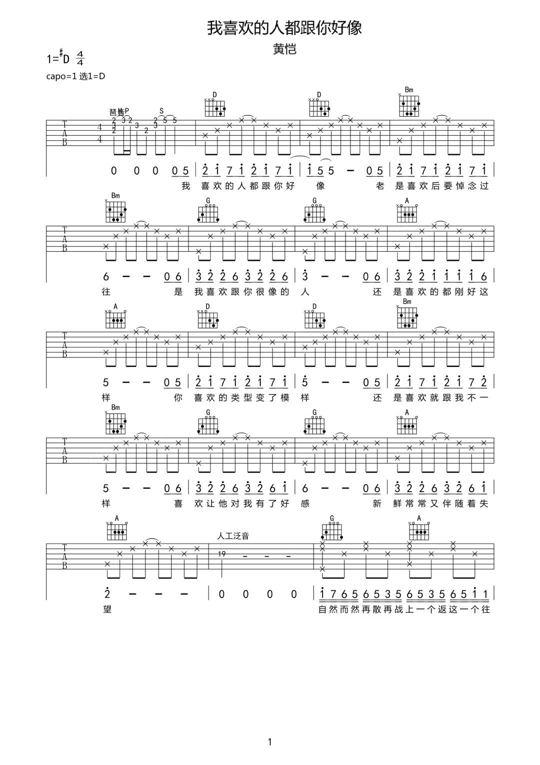 我喜欢的人都跟你好像吉他谱预览图