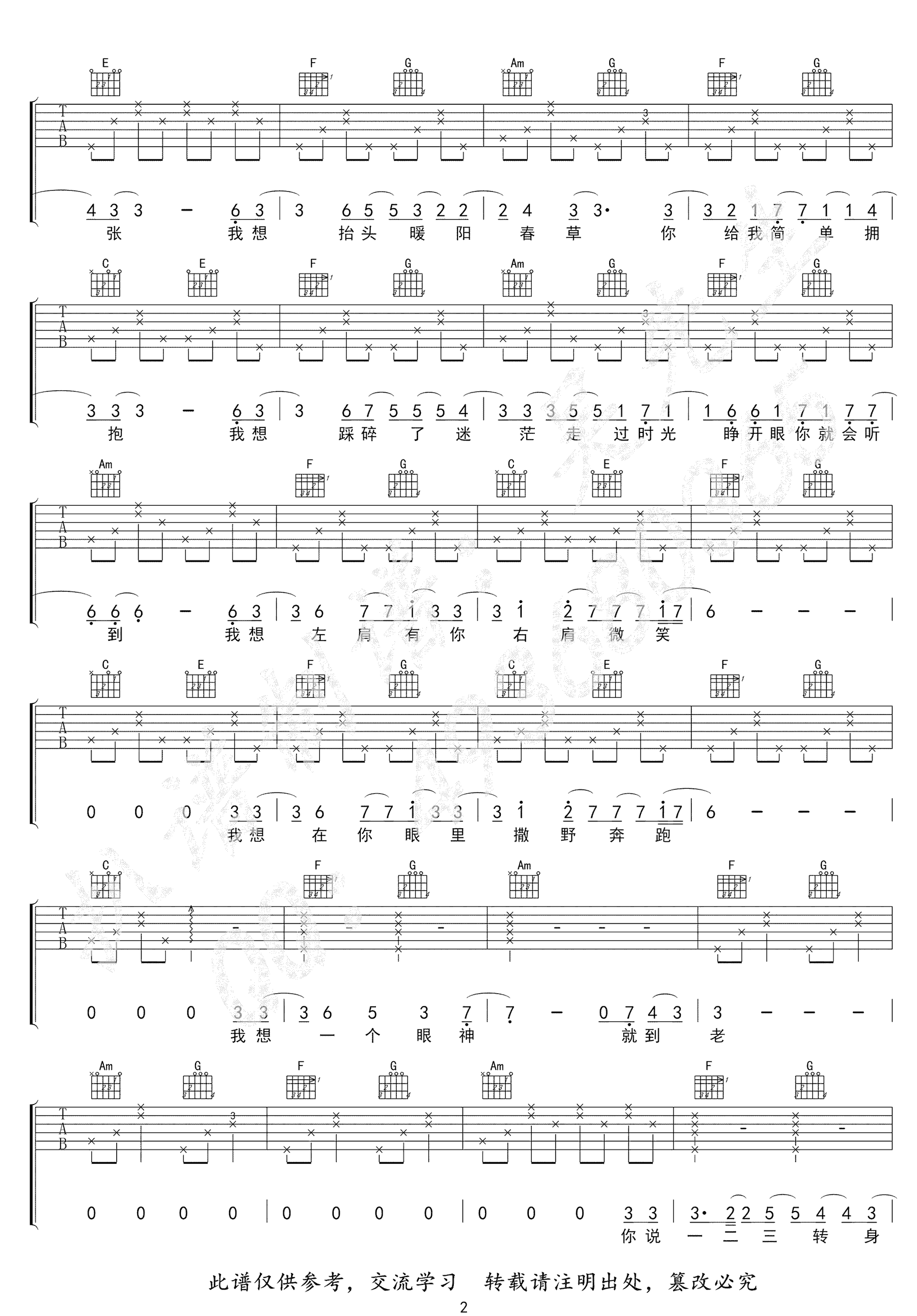 撒野吉他谱预览图