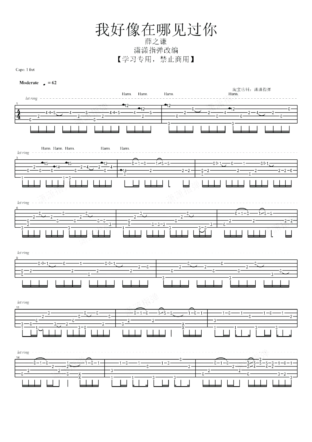 我好像在哪见过你指弹吉他谱预览图