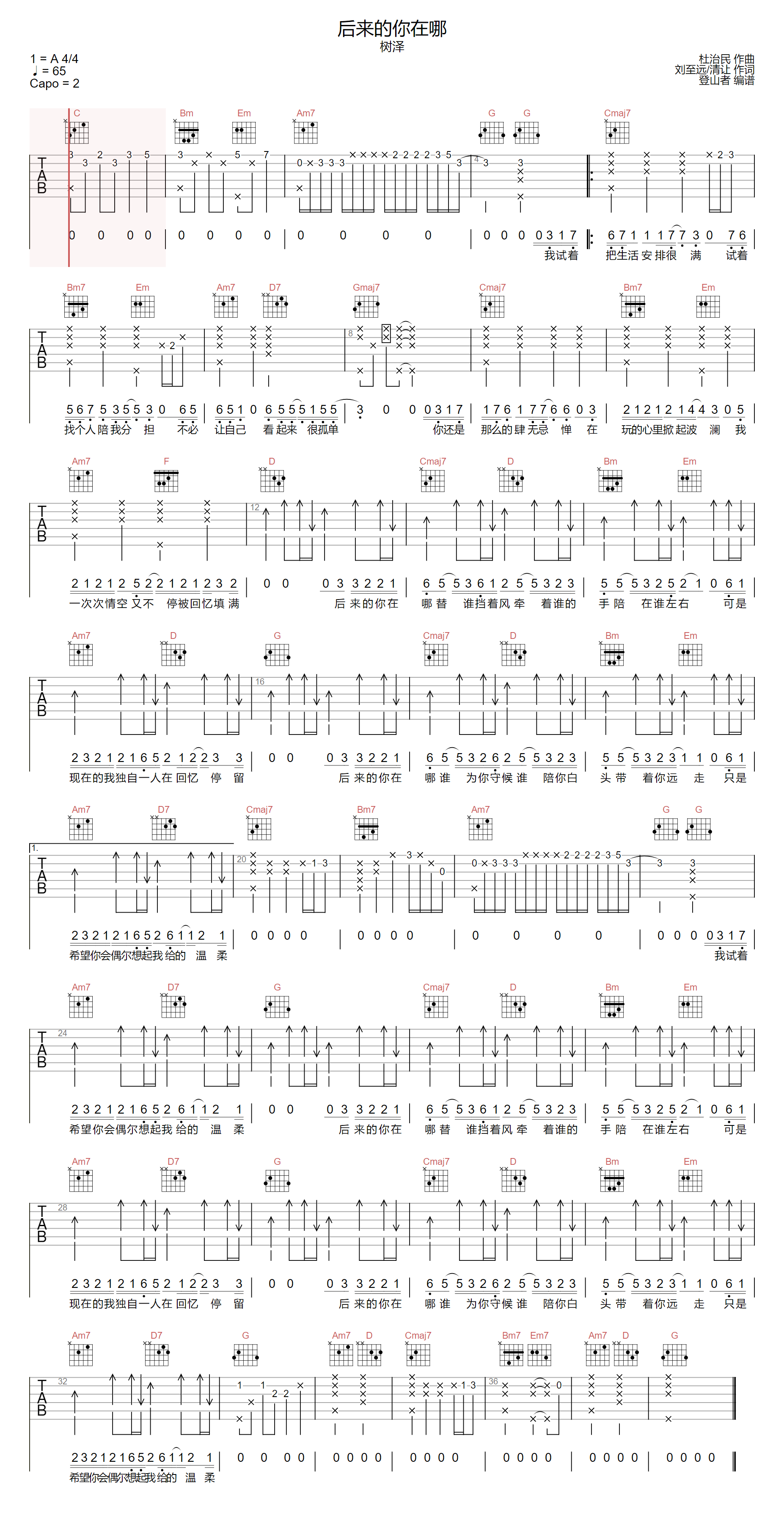 后来的你在哪吉他谱预览图