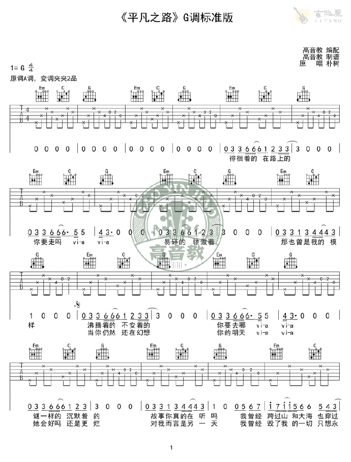 平凡之路吉他谱预览图