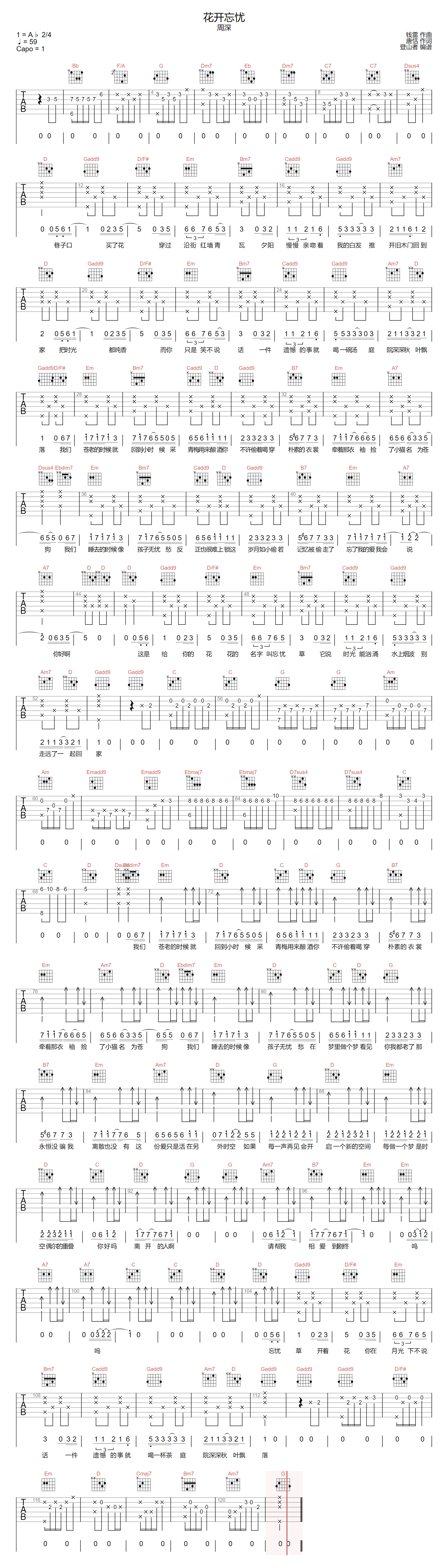 花开忘忧吉他谱预览图