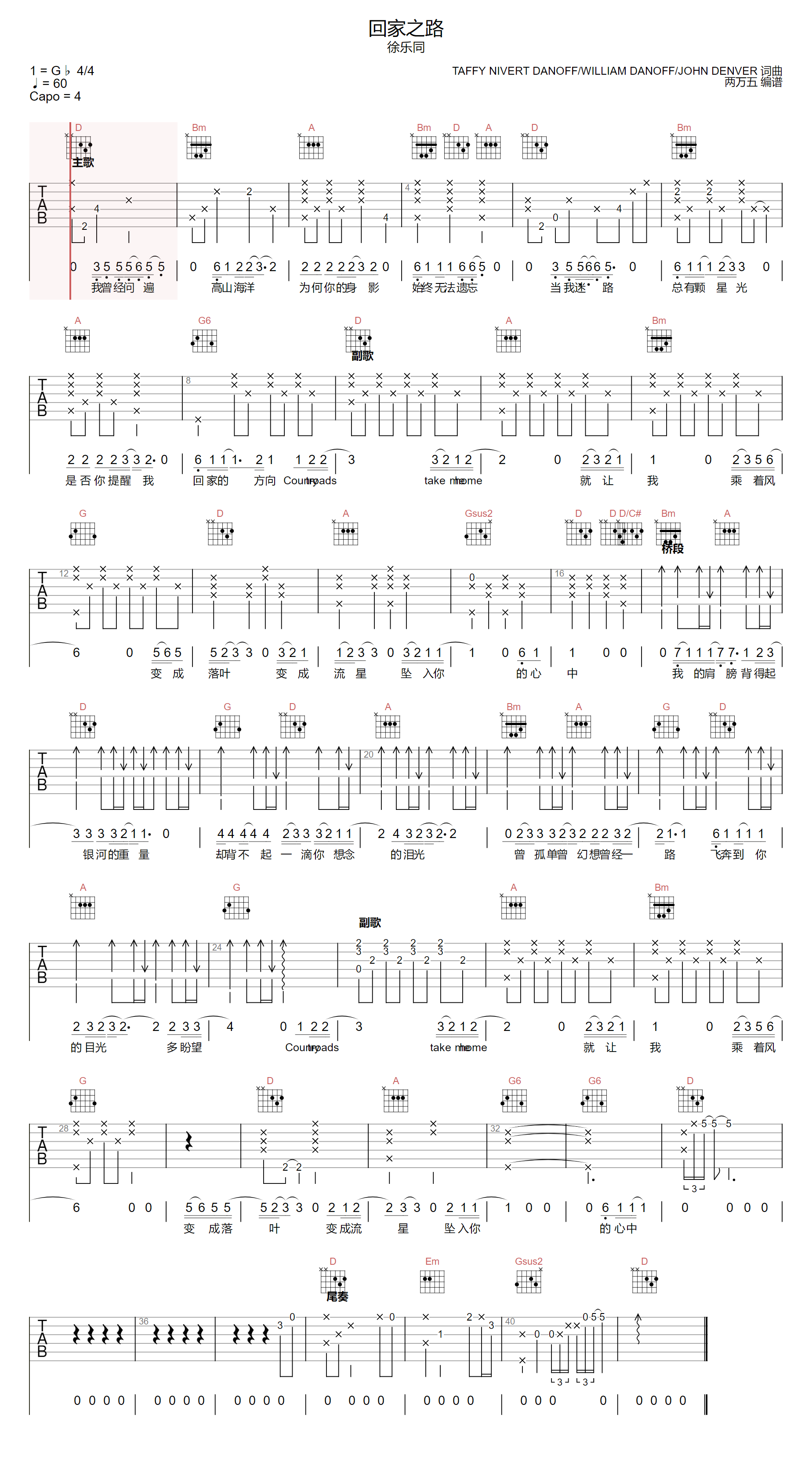 回家之路吉他谱预览图