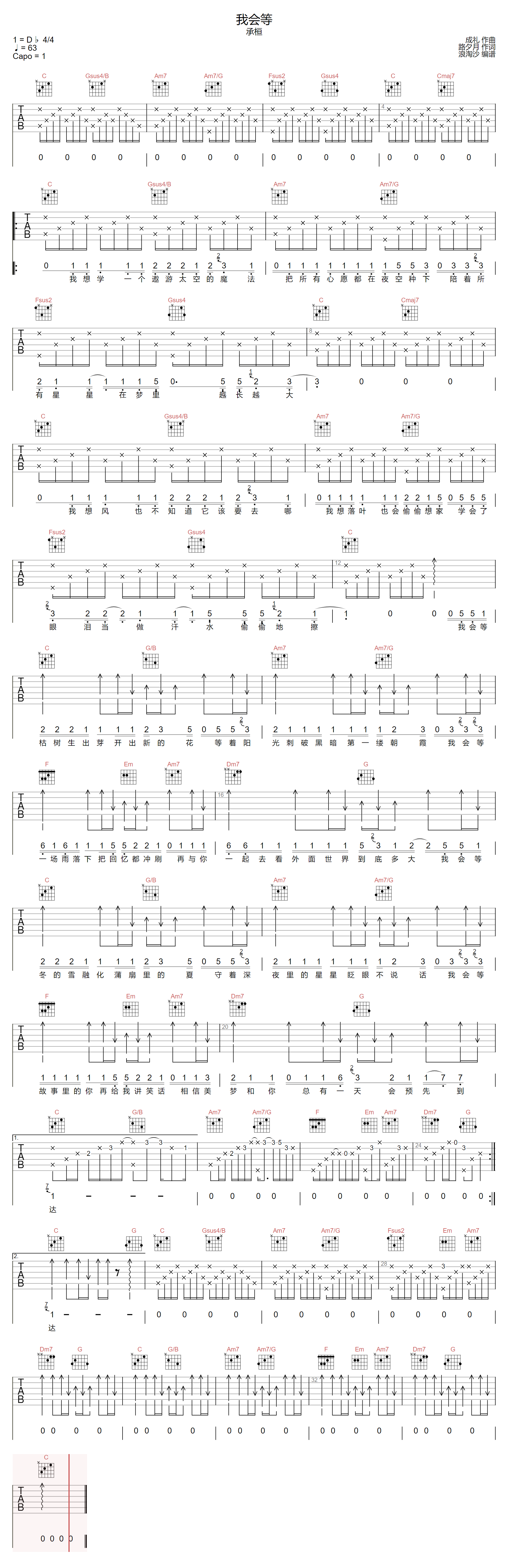我会等吉他谱预览图