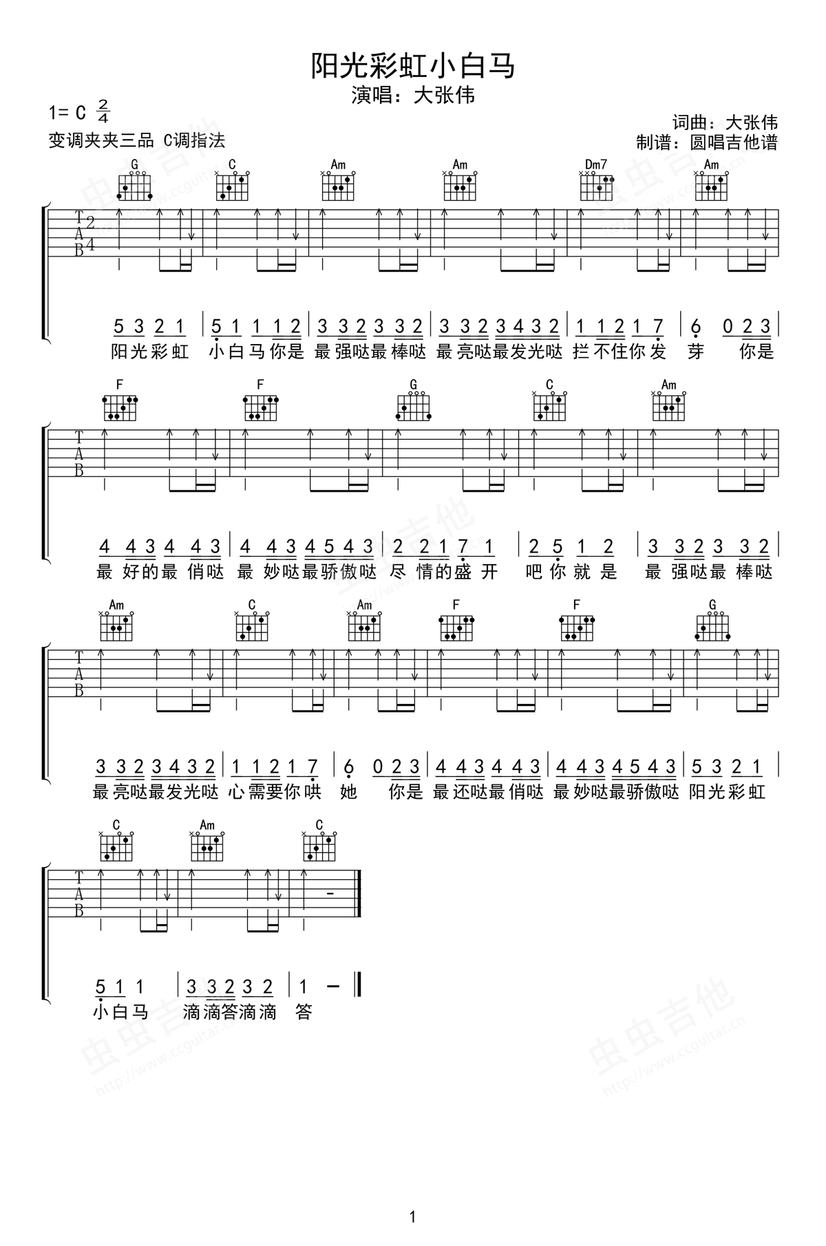 阳光彩虹小白马吉他谱预览图