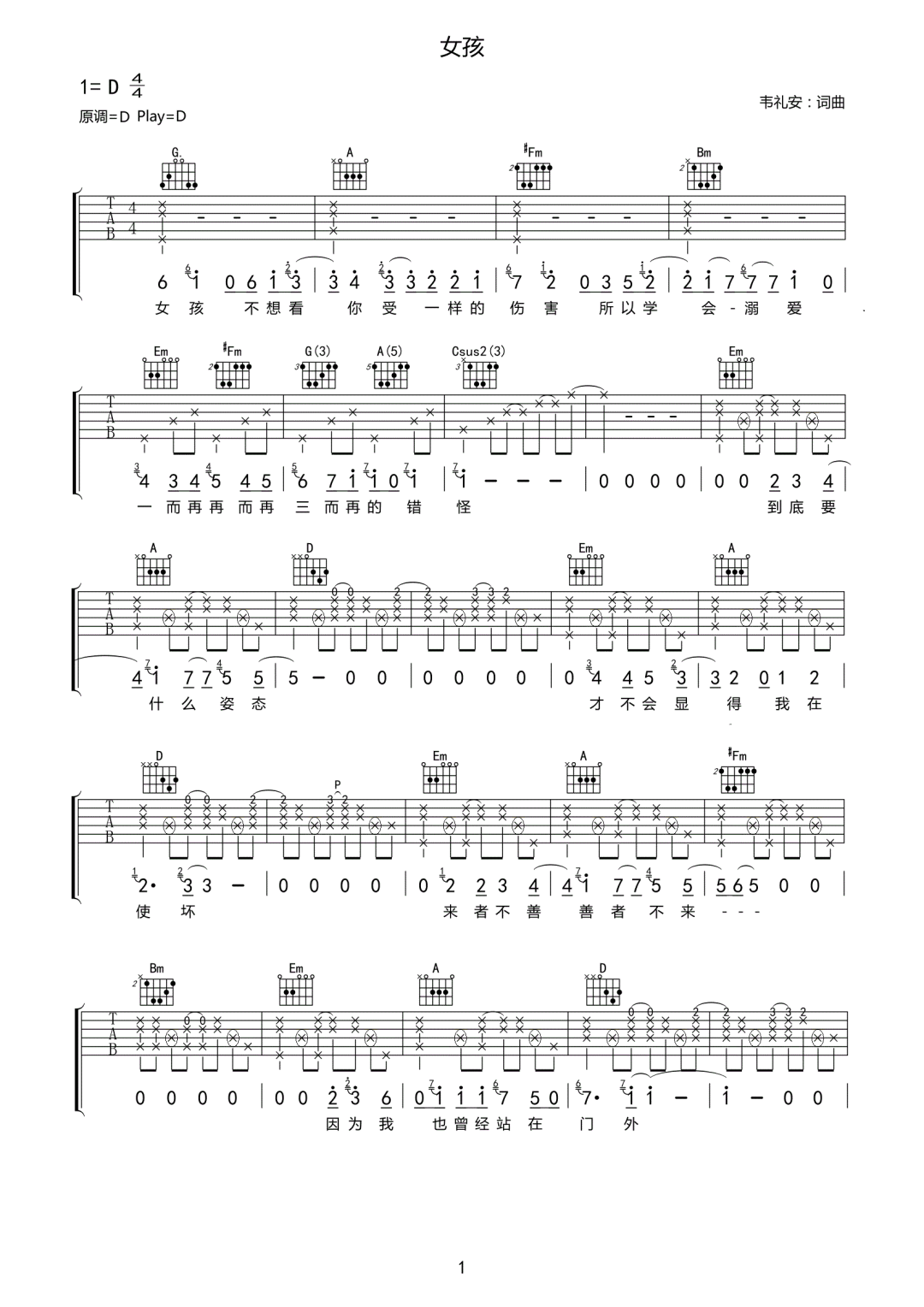 女孩吉他谱预览图