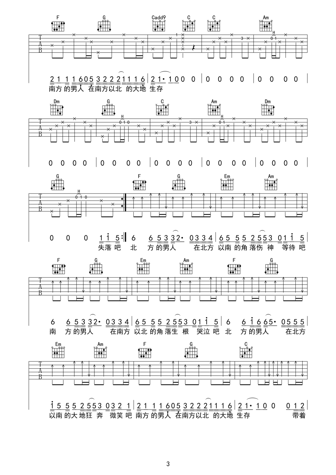 南方北方吉他谱预览图