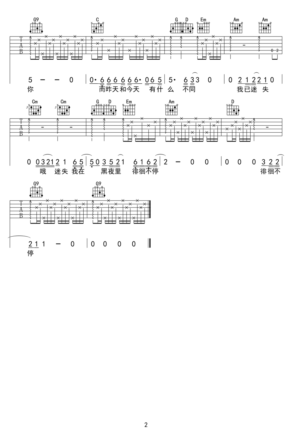 昨天的太阳吉他谱预览图