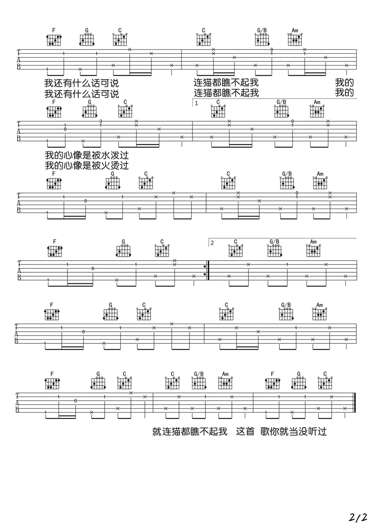 猫都瞧不起我吉他谱预览图