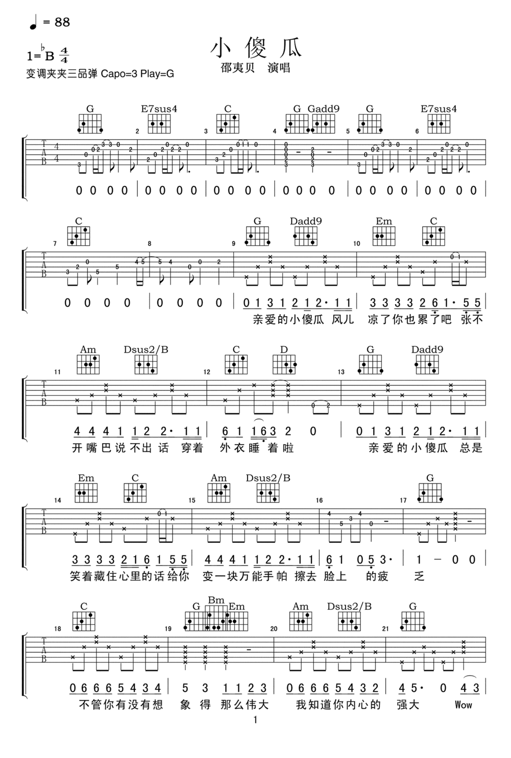 小傻瓜吉他谱预览图