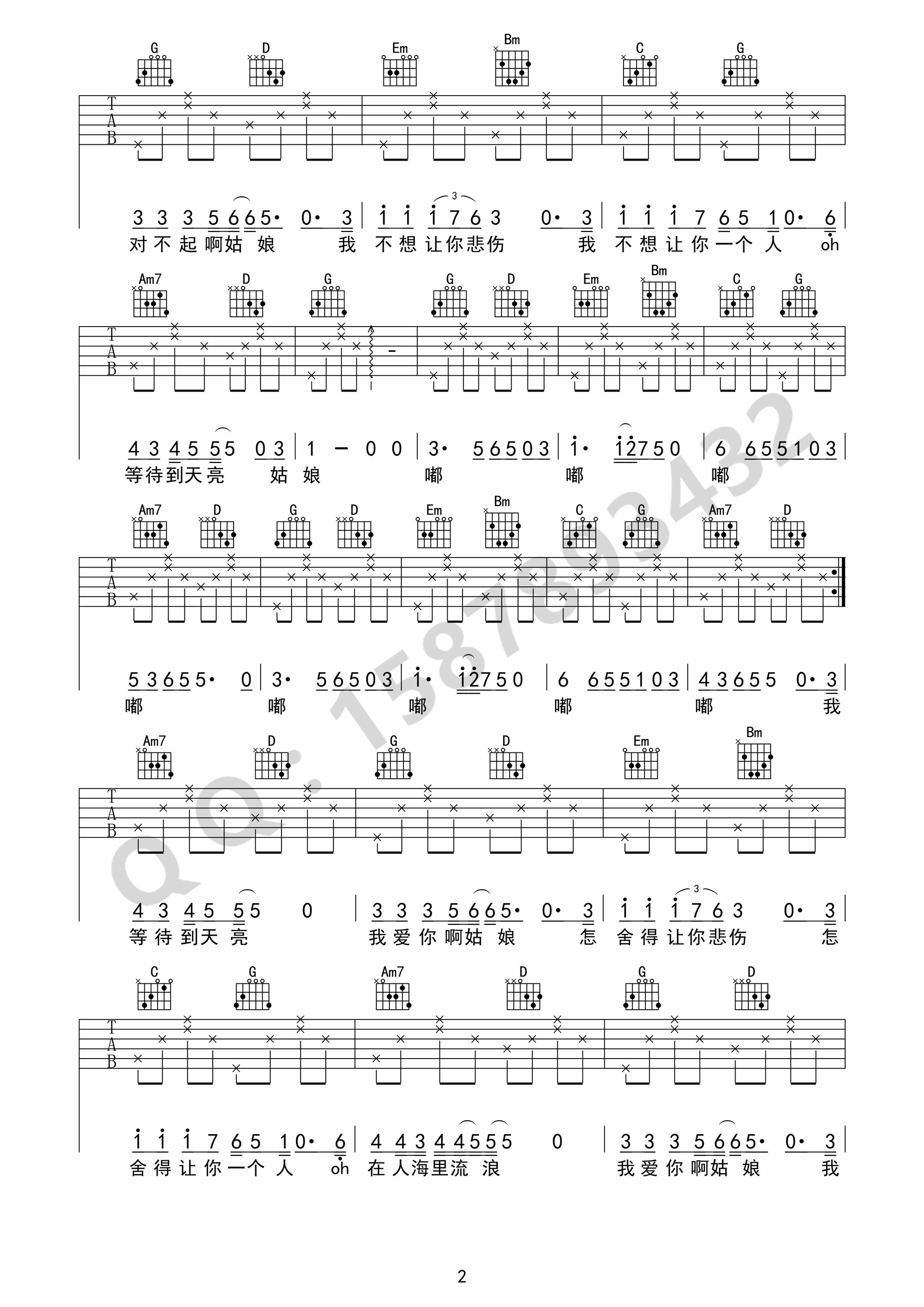 姑娘怎舍得让你悲伤吉他谱预览图