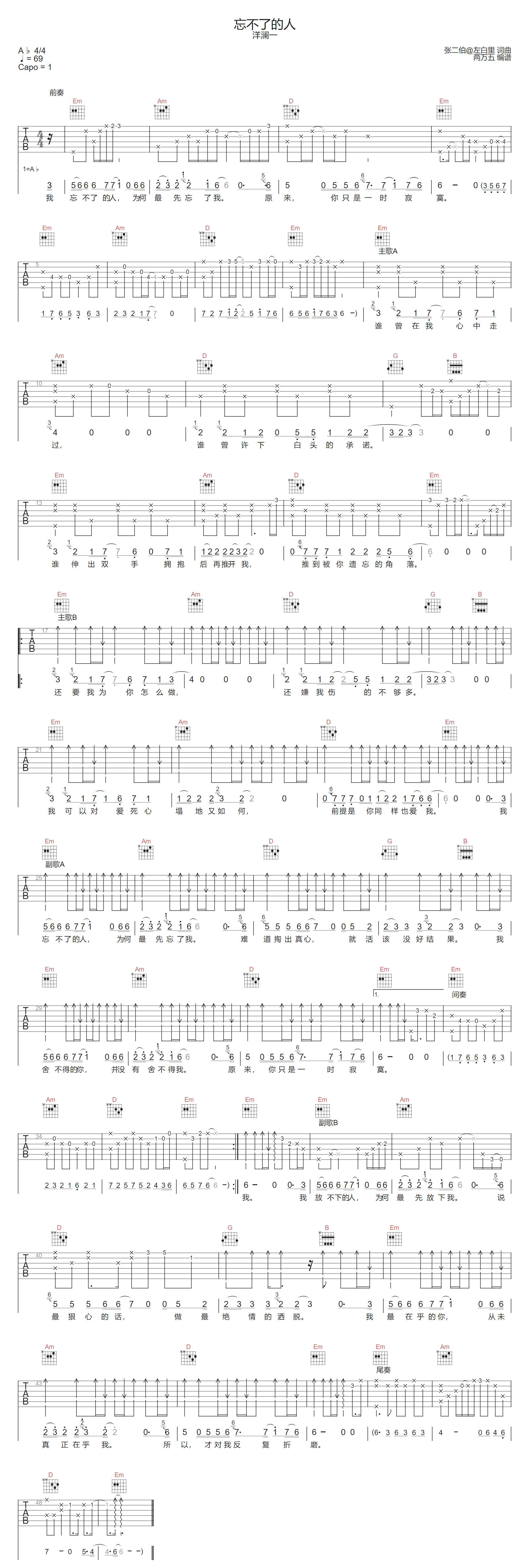 忘不了的人吉他谱预览图