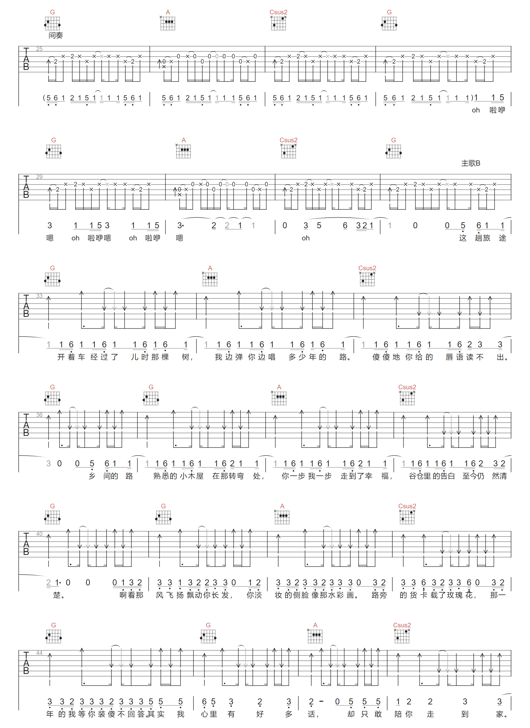 乡间的路吉他谱预览图
